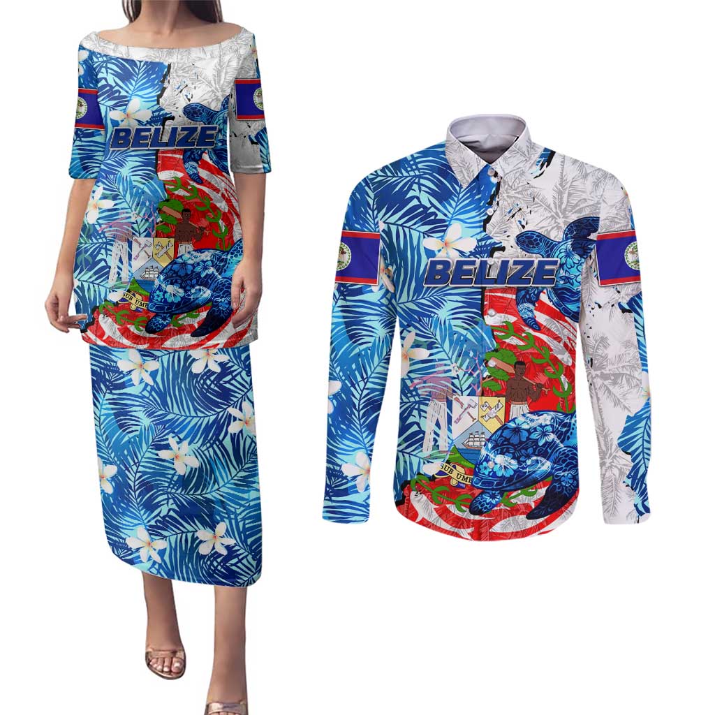 Sea Turtle Belize Couples Matching Puletasi and Long Sleeve Button Shirt Ocean Soul Tropical Spirit