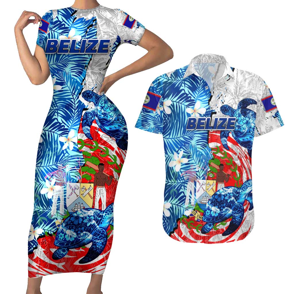 Sea Turtle Belize Couples Matching Short Sleeve Bodycon Dress and Hawaiian Shirt Ocean Soul Tropical Spirit