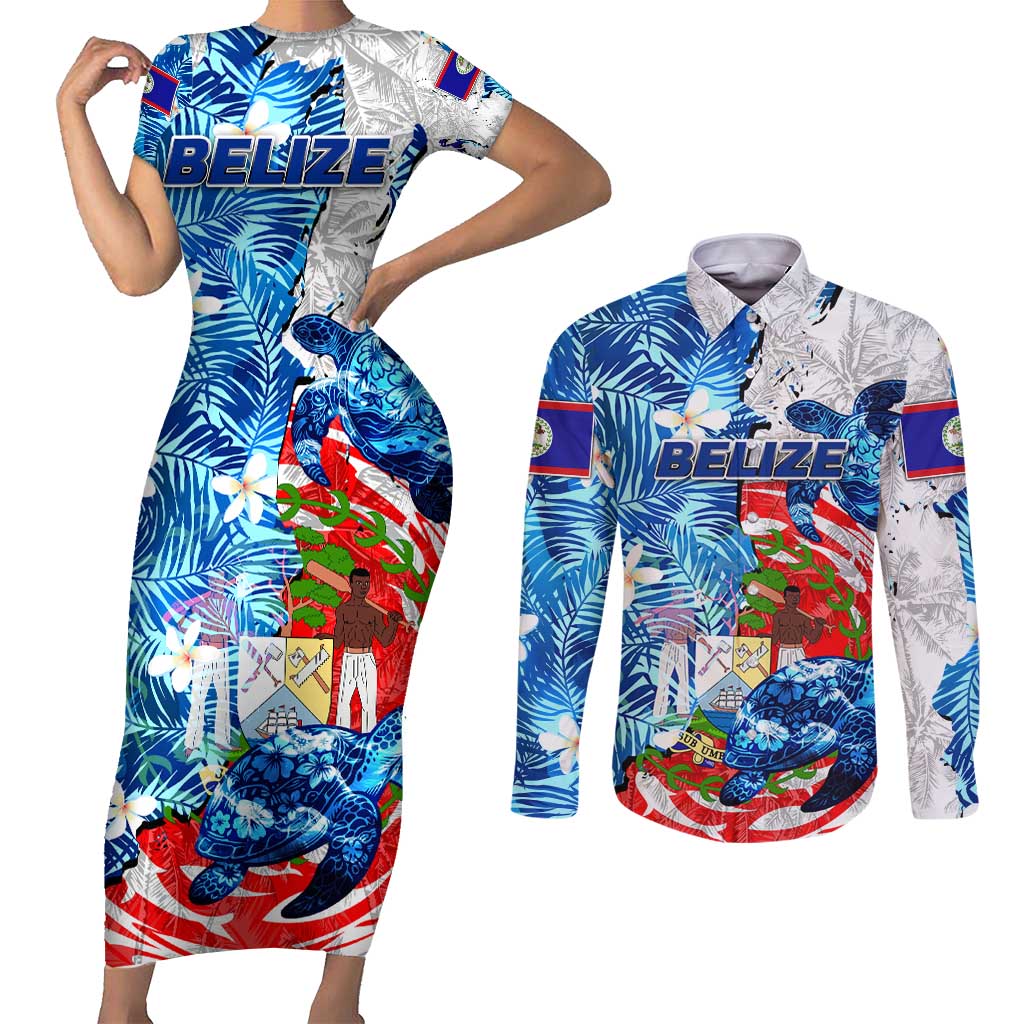 Sea Turtle Belize Couples Matching Short Sleeve Bodycon Dress and Long Sleeve Button Shirt Ocean Soul Tropical Spirit