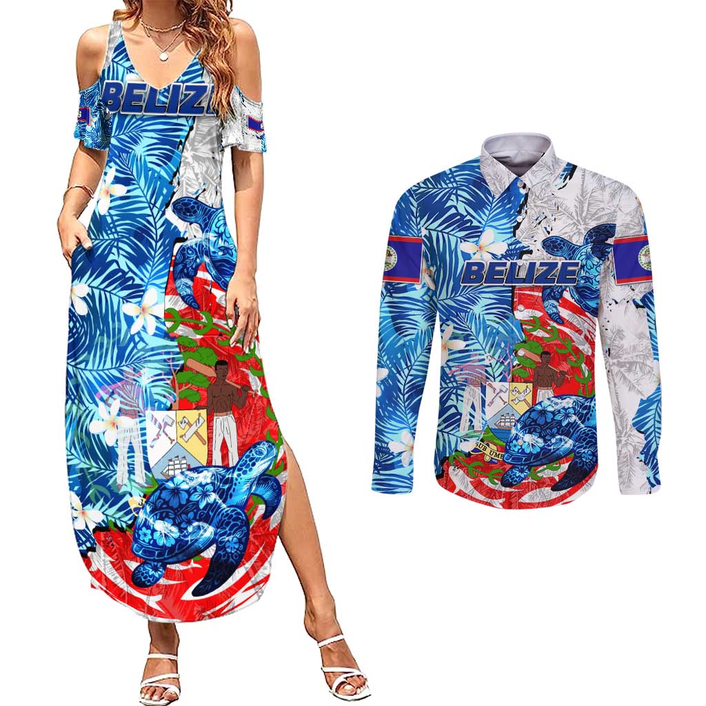 Sea Turtle Belize Couples Matching Summer Maxi Dress and Long Sleeve Button Shirt Ocean Soul Tropical Spirit