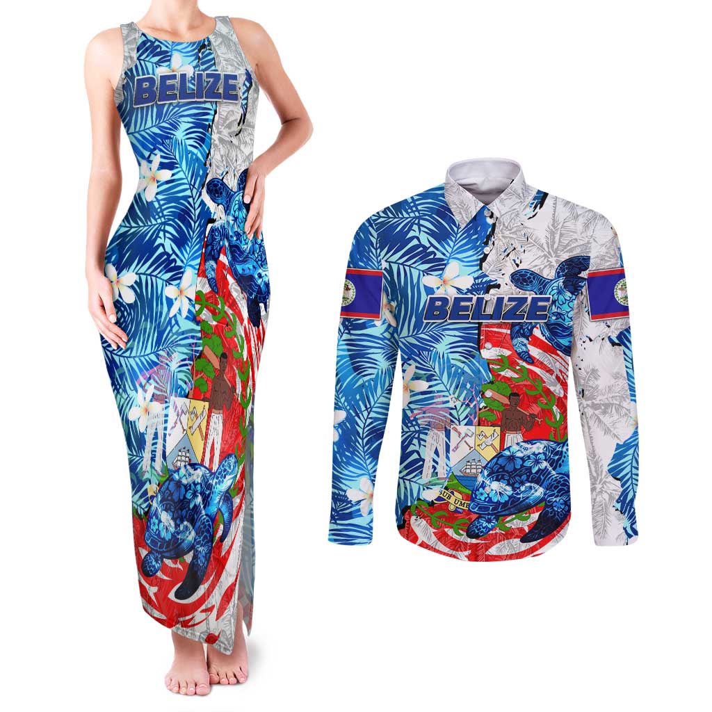 Sea Turtle Belize Couples Matching Tank Maxi Dress and Long Sleeve Button Shirt Ocean Soul Tropical Spirit