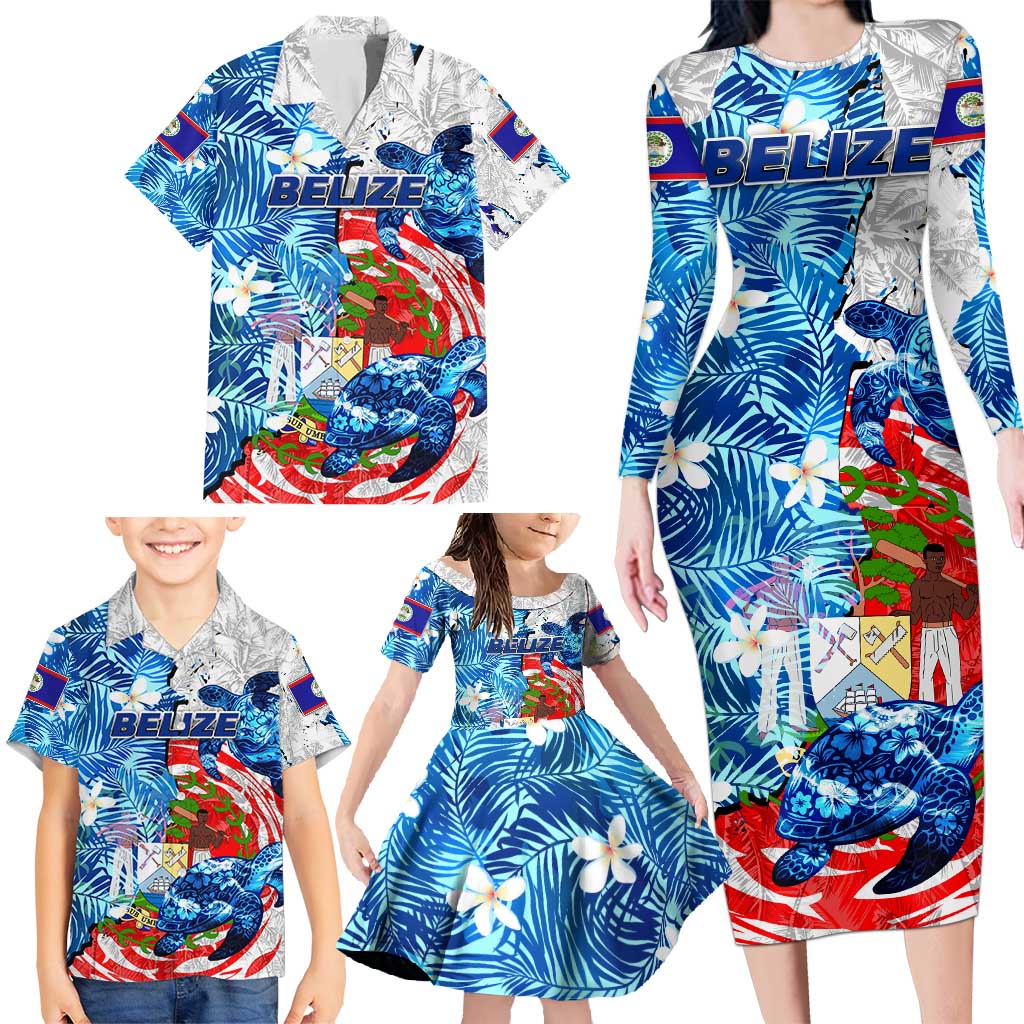 Sea Turtle Belize Family Matching Long Sleeve Bodycon Dress and Hawaiian Shirt Ocean Soul Tropical Spirit