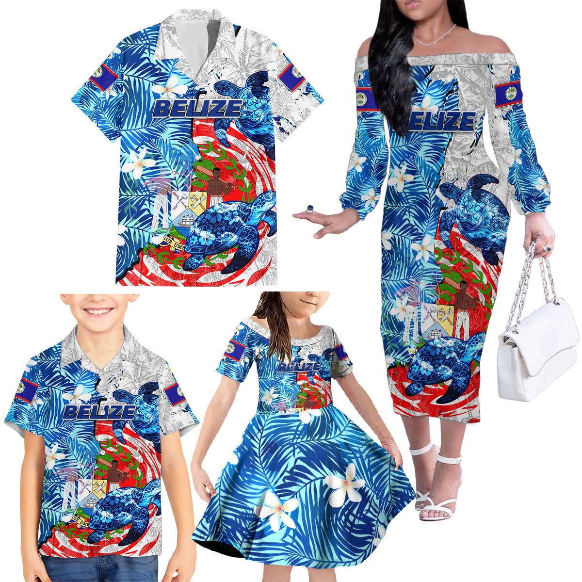 Sea Turtle Belize Family Matching Off The Shoulder Long Sleeve Dress and Hawaiian Shirt Ocean Soul Tropical Spirit