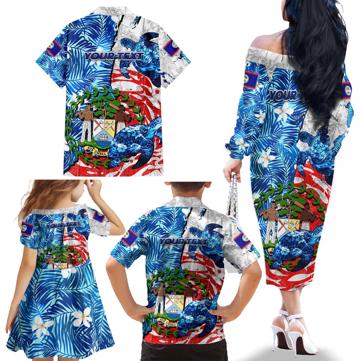 Sea Turtle Belize Family Matching Off The Shoulder Long Sleeve Dress and Hawaiian Shirt Ocean Soul Tropical Spirit