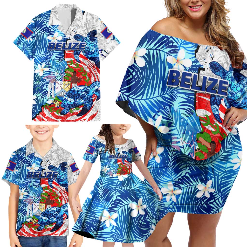 Sea Turtle Belize Family Matching Off Shoulder Short Dress and Hawaiian Shirt Ocean Soul Tropical Spirit