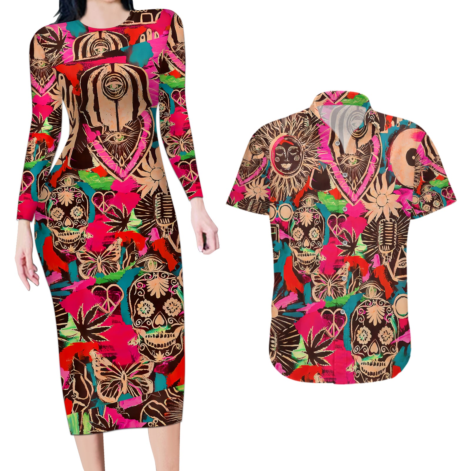 Festival Memories Skull Couples Matching Long Sleeve Bodycon Dress and Hawaiian Shirt - Wonder Print Shop