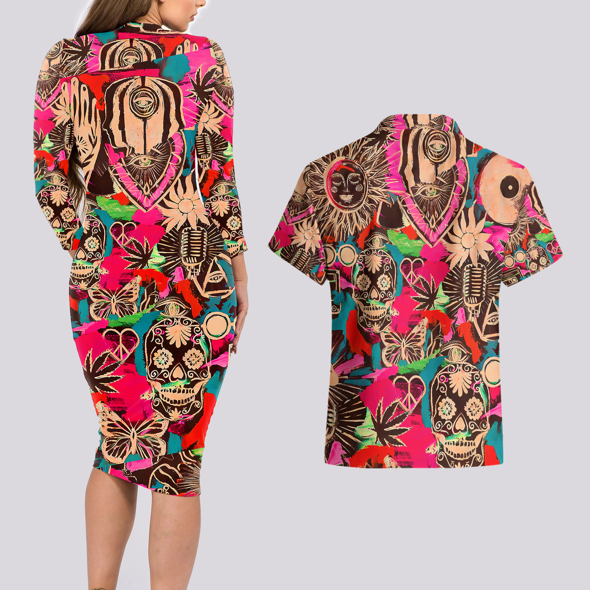 Festival Memories Skull Couples Matching Long Sleeve Bodycon Dress and Hawaiian Shirt - Wonder Print Shop