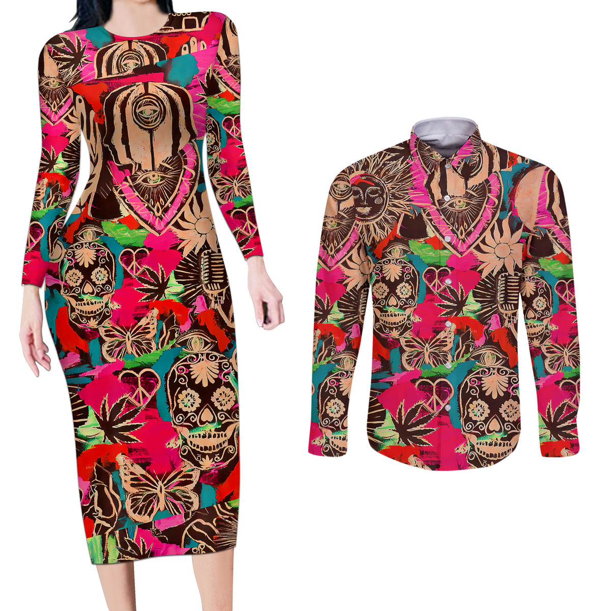 Festival Memories Skull Couples Matching Long Sleeve Bodycon Dress and Long Sleeve Button Shirts - Wonder Print Shop