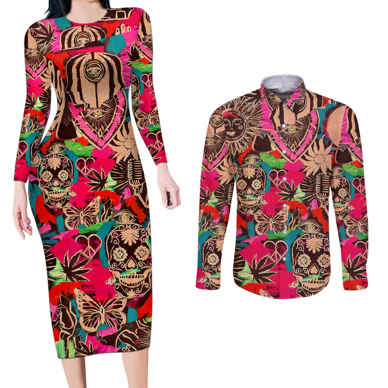 Festival Memories Skull Couples Matching Long Sleeve Bodycon Dress and Long Sleeve Button Shirts - Wonder Print Shop