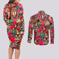 Festival Memories Skull Couples Matching Long Sleeve Bodycon Dress and Long Sleeve Button Shirts - Wonder Print Shop