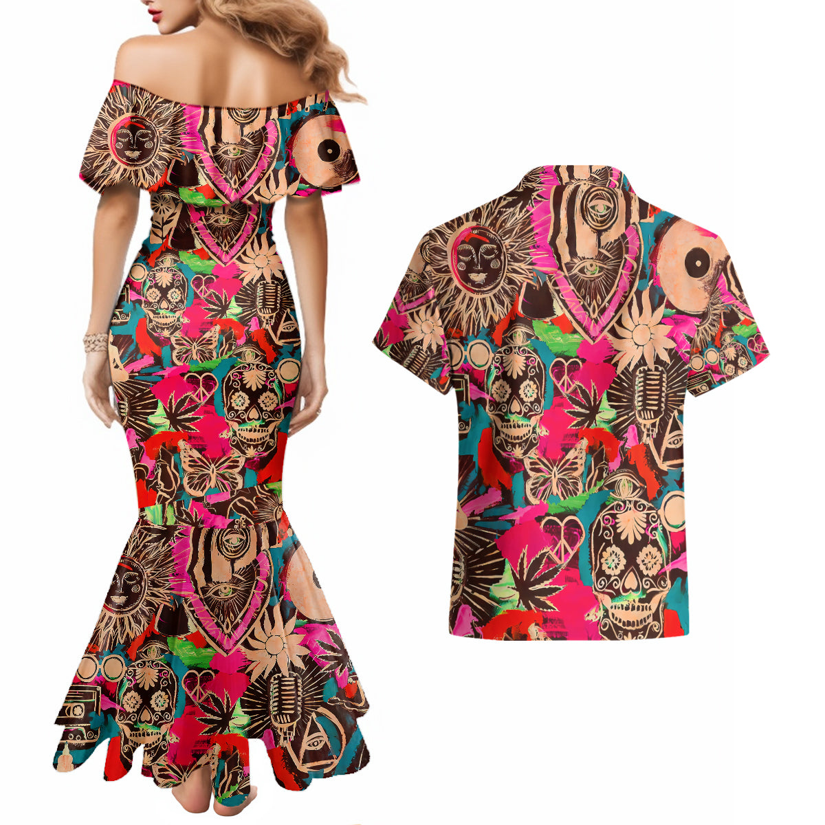 Festival Memories Skull Couples Matching Mermaid Dress and Hawaiian Shirt - Wonder Print Shop
