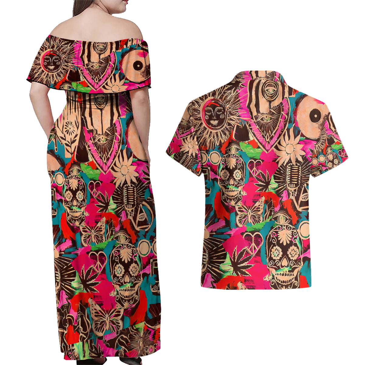 Festival Memories Skull Couples Matching Off Shoulder Maxi Dress and Hawaiian Shirt - Wonder Print Shop
