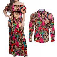 Festival Memories Skull Couples Matching Off Shoulder Maxi Dress and Long Sleeve Button Shirts - Wonder Print Shop