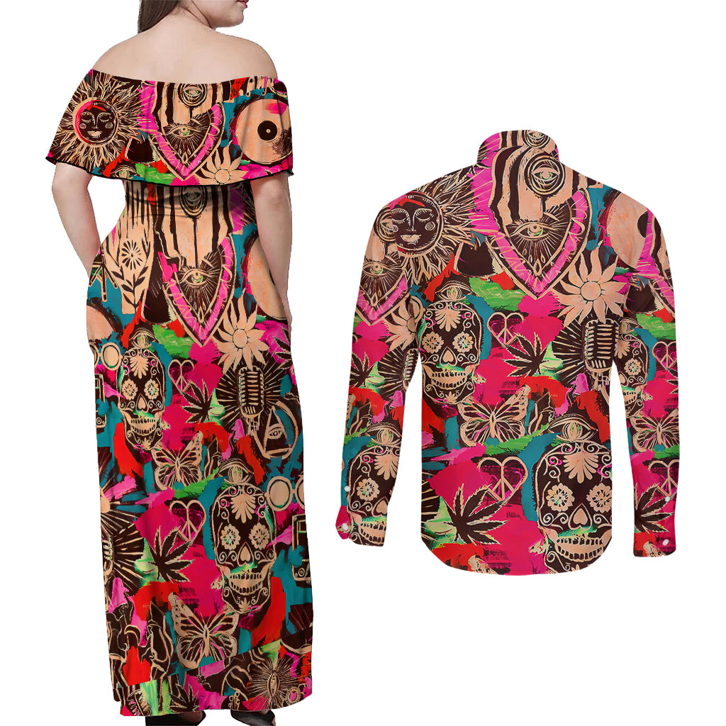 Festival Memories Skull Couples Matching Off Shoulder Maxi Dress and Long Sleeve Button Shirts - Wonder Print Shop
