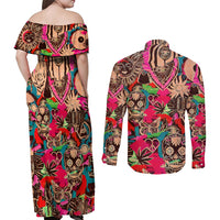 Festival Memories Skull Couples Matching Off Shoulder Maxi Dress and Long Sleeve Button Shirts - Wonder Print Shop