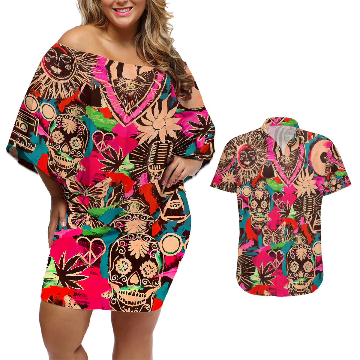 Festival Memories Skull Couples Matching Off Shoulder Short Dress and Hawaiian Shirt - Wonder Print Shop