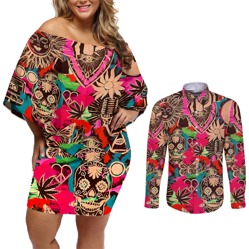 Festival Memories Skull Couples Matching Off Shoulder Short Dress and Long Sleeve Button Shirts - Wonder Print Shop