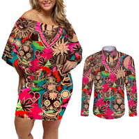 Festival Memories Skull Couples Matching Off Shoulder Short Dress and Long Sleeve Button Shirts - Wonder Print Shop
