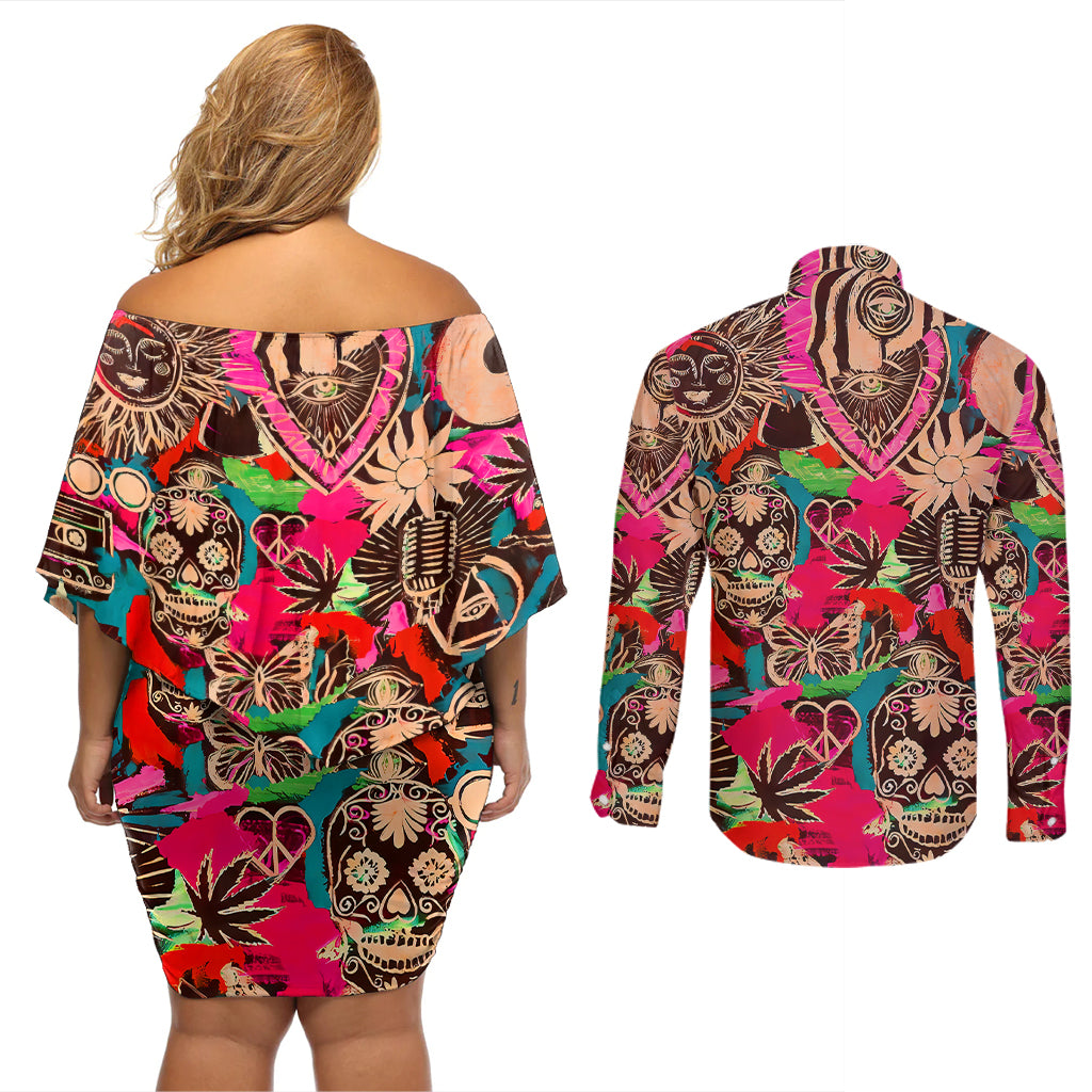 Festival Memories Skull Couples Matching Off Shoulder Short Dress and Long Sleeve Button Shirts - Wonder Print Shop