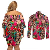 Festival Memories Skull Couples Matching Off Shoulder Short Dress and Long Sleeve Button Shirts - Wonder Print Shop