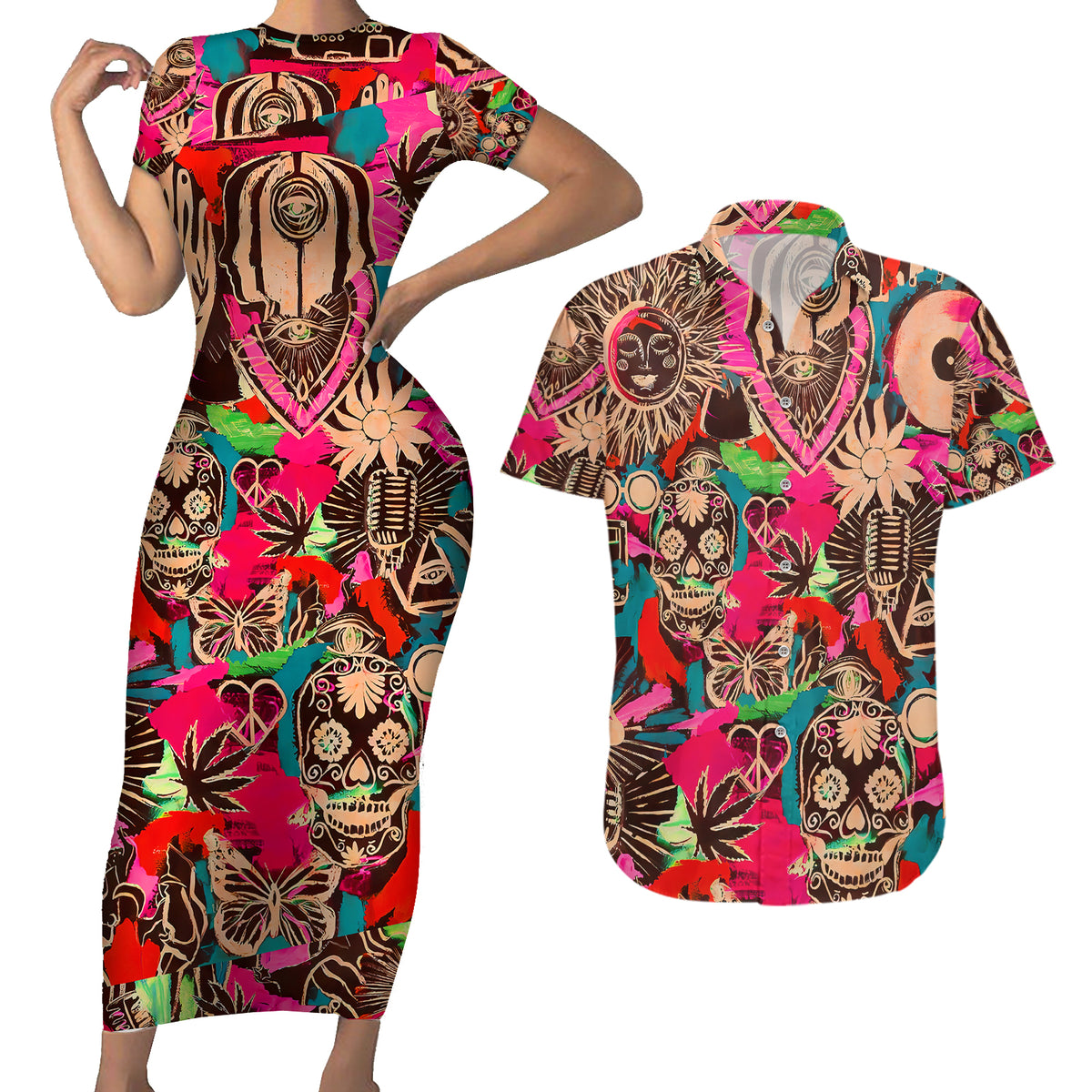 Festival Memories Skull Couples Matching Short Sleeve Bodycon Dress and Hawaiian Shirt - Wonder Print Shop