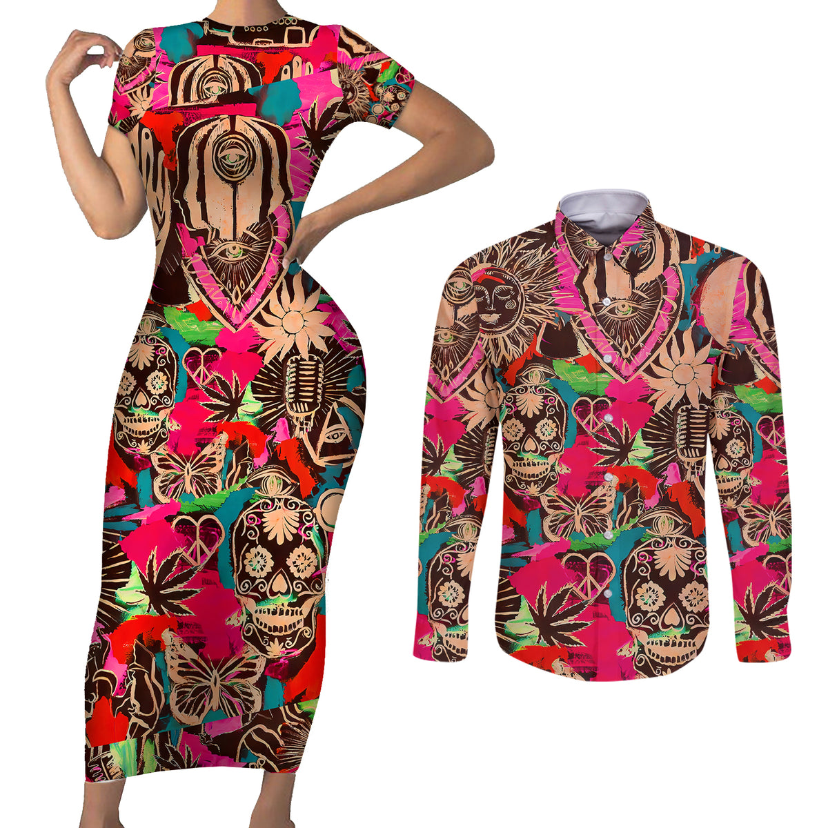 Festival Memories Skull Couples Matching Short Sleeve Bodycon Dress and Long Sleeve Button Shirts - Wonder Print Shop