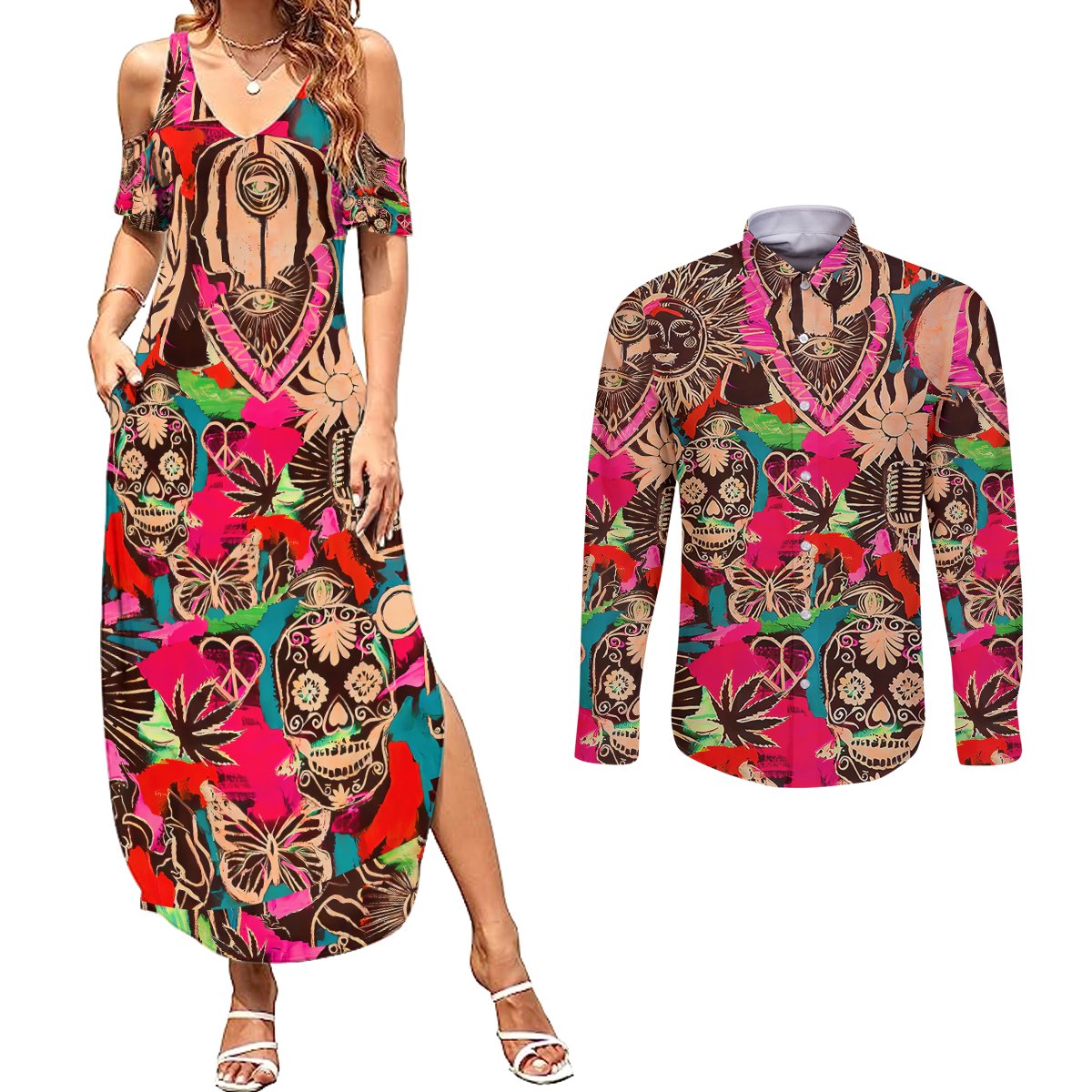 Festival Memories Skull Couples Matching Summer Maxi Dress and Long Sleeve Button Shirts - Wonder Print Shop