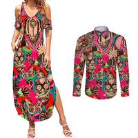 Festival Memories Skull Couples Matching Summer Maxi Dress and Long Sleeve Button Shirts - Wonder Print Shop