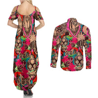 Festival Memories Skull Couples Matching Summer Maxi Dress and Long Sleeve Button Shirts - Wonder Print Shop
