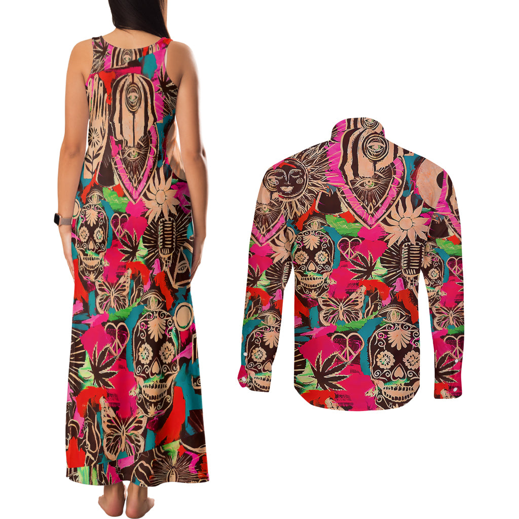 Festival Memories Skull Couples Matching Tank Maxi Dress and Long Sleeve Button Shirts - Wonder Print Shop