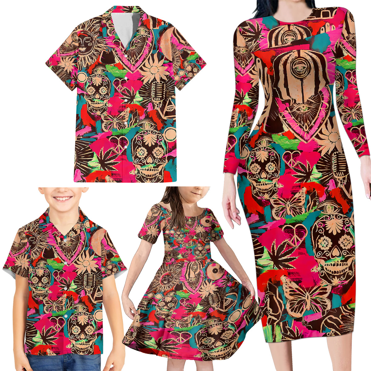Festival Memories Skull Family Matching Long Sleeve Bodycon Dress and Hawaiian Shirt - Wonder Print Shop