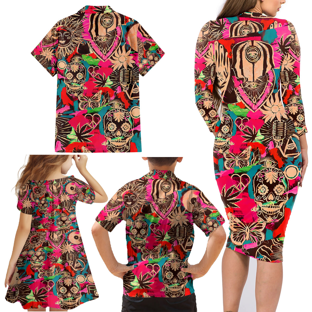 Festival Memories Skull Family Matching Long Sleeve Bodycon Dress and Hawaiian Shirt - Wonder Print Shop
