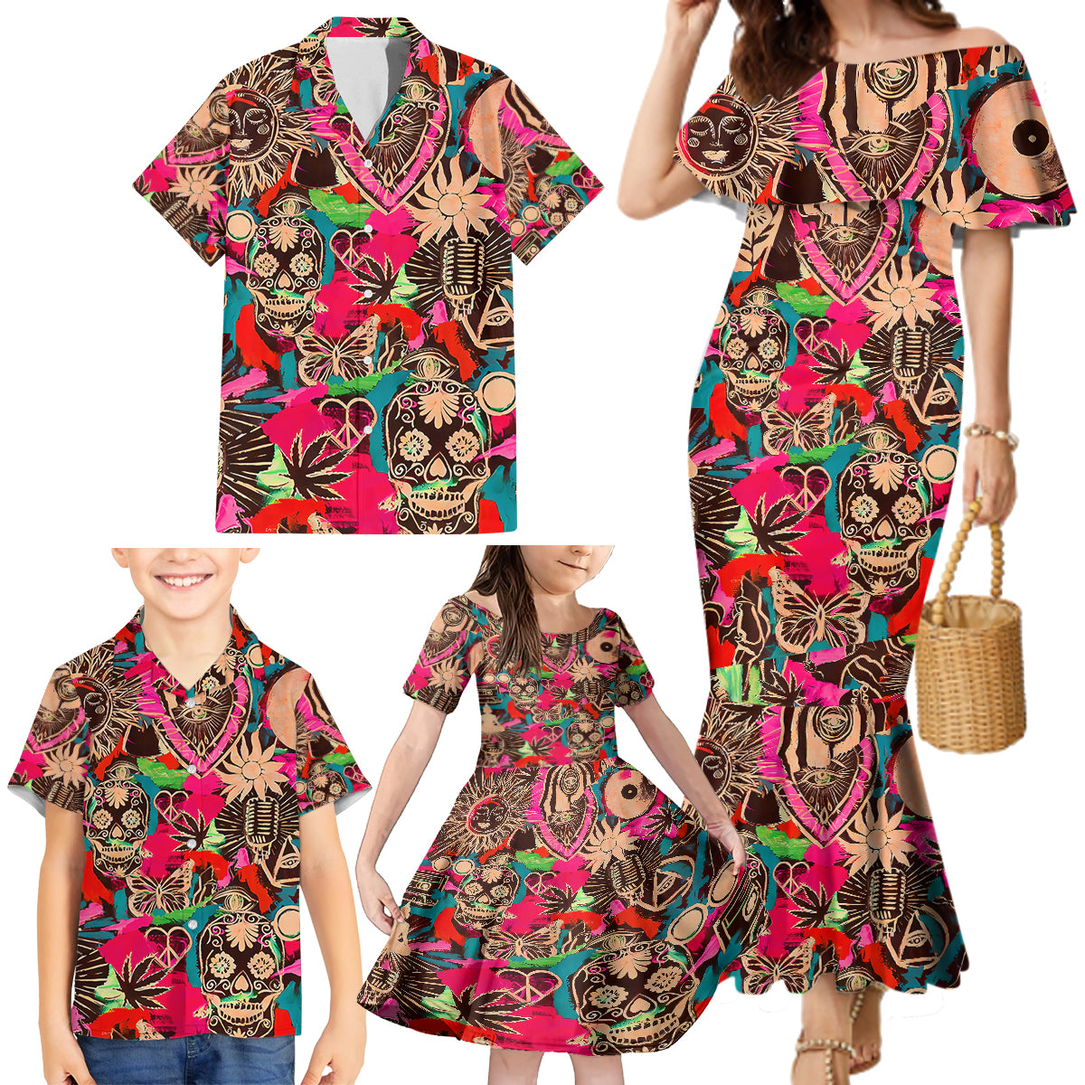 Festival Memories Skull Family Matching Mermaid Dress and Hawaiian Shirt - Wonder Print Shop