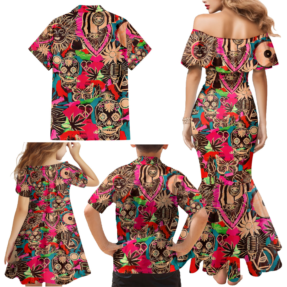 Festival Memories Skull Family Matching Mermaid Dress and Hawaiian Shirt - Wonder Print Shop