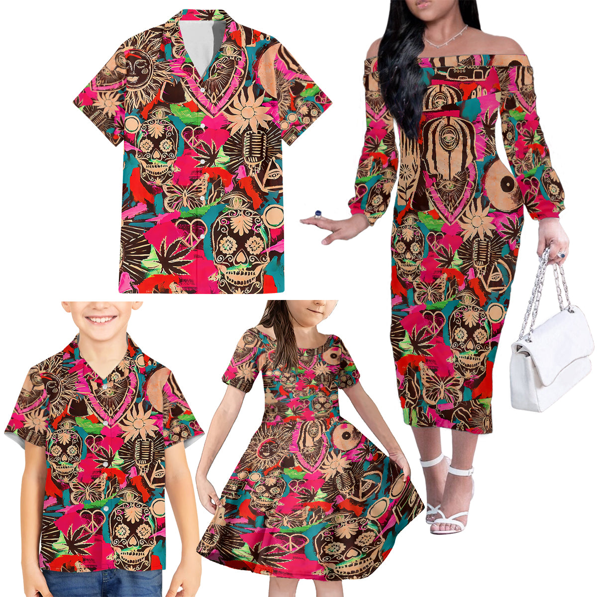 Festival Memories Skull Family Matching Off Shoulder Long Sleeve Dress and Hawaiian Shirt - Wonder Print Shop