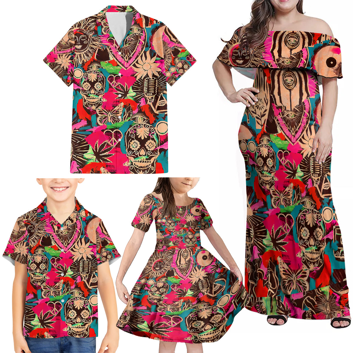 Festival Memories Skull Family Matching Off Shoulder Maxi Dress and Hawaiian Shirt - Wonder Print Shop