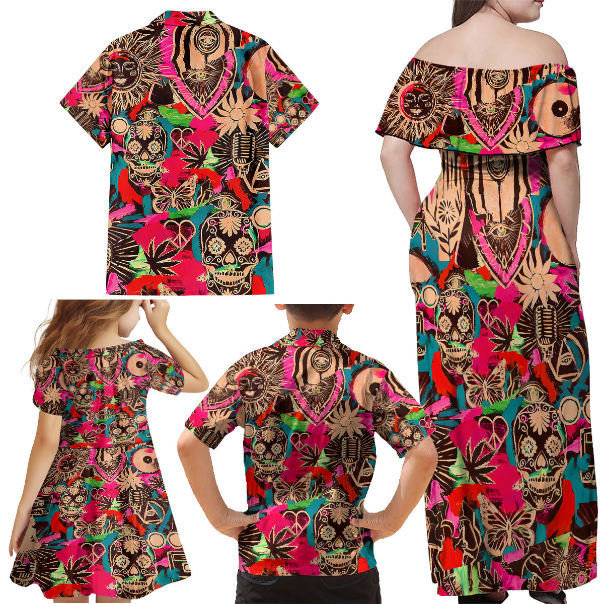 Festival Memories Skull Family Matching Off Shoulder Maxi Dress and Hawaiian Shirt - Wonder Print Shop