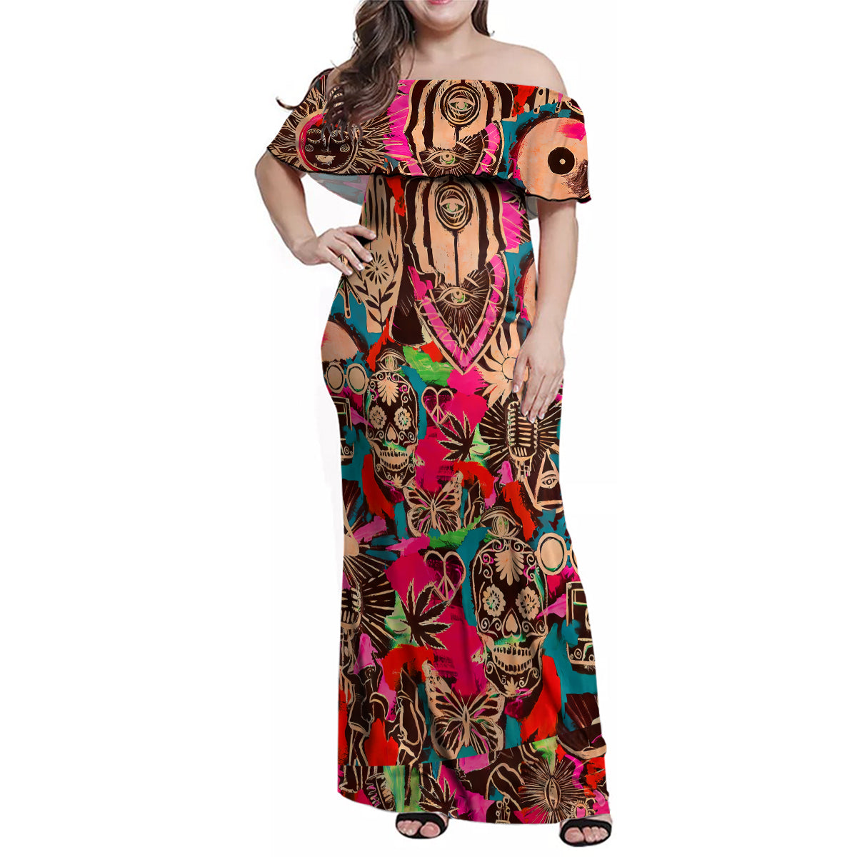 Festival Memories Skull Family Matching Off Shoulder Maxi Dress and Hawaiian Shirt - Wonder Print Shop