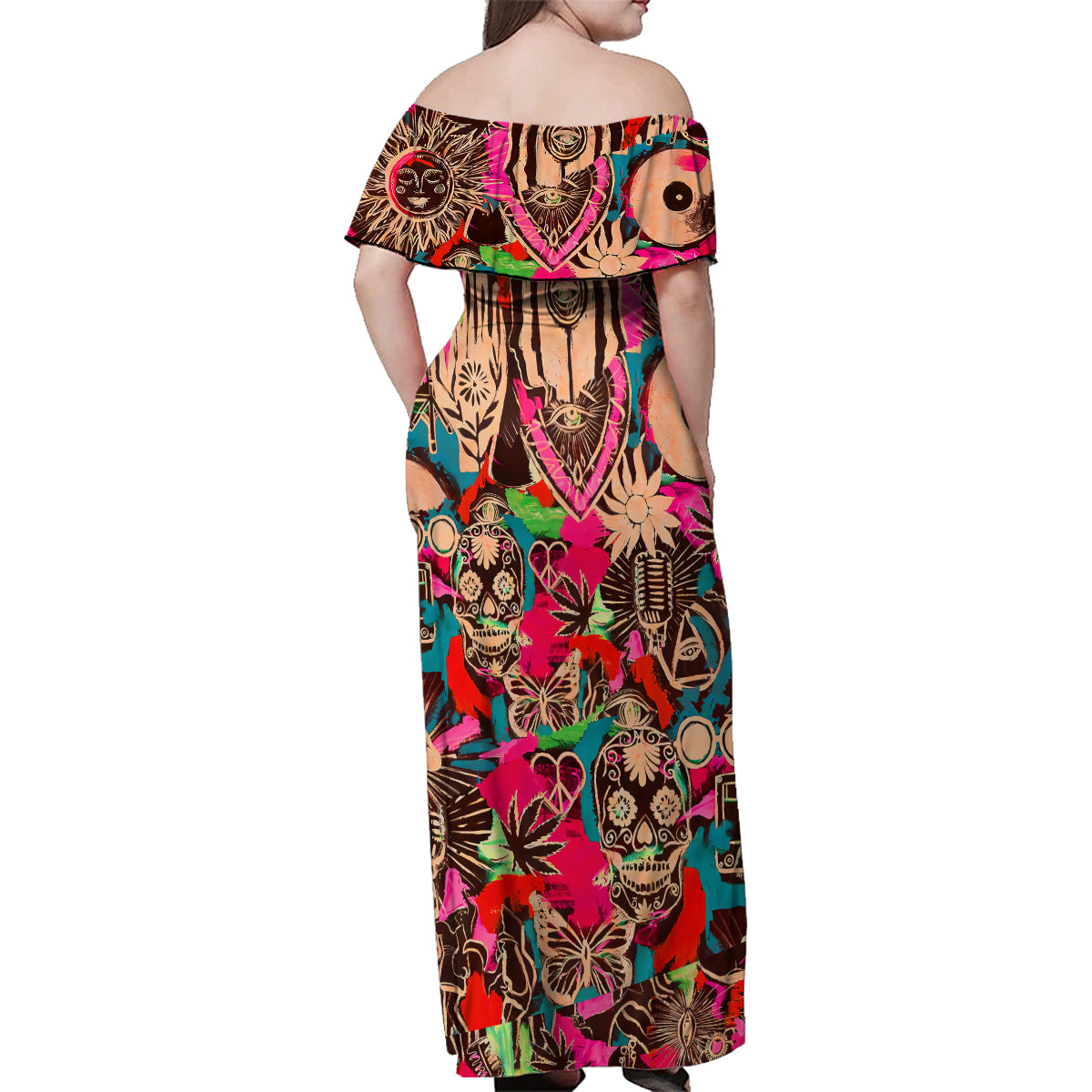 Festival Memories Skull Family Matching Off Shoulder Maxi Dress and Hawaiian Shirt - Wonder Print Shop