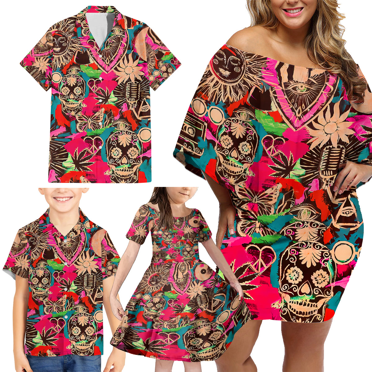 Festival Memories Skull Family Matching Off Shoulder Short Dress and Hawaiian Shirt - Wonder Print Shop