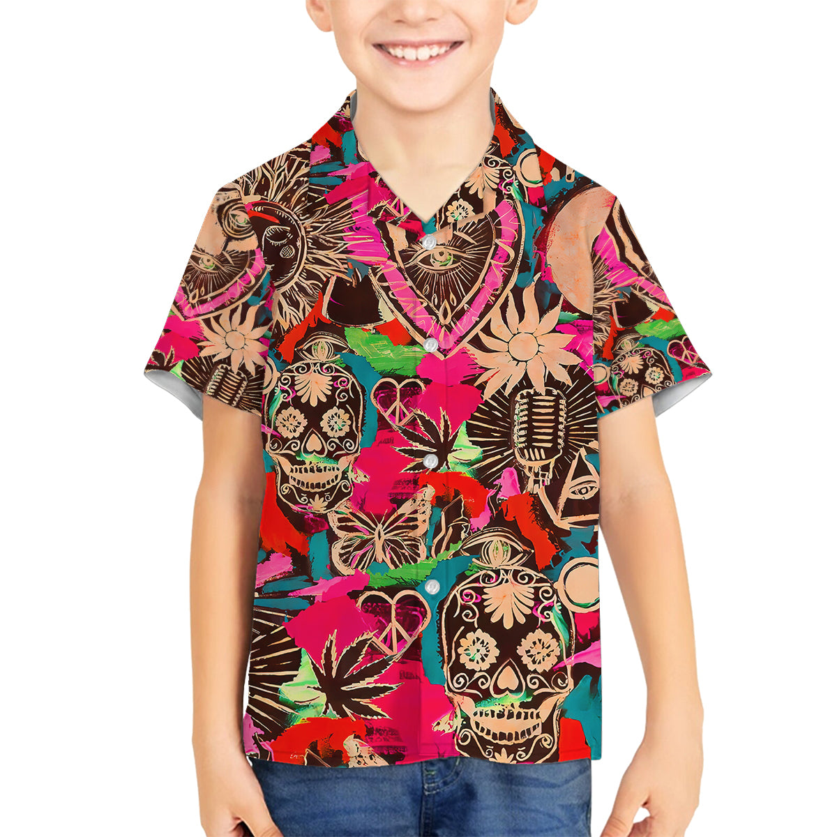 Festival Memories Skull Family Matching Off Shoulder Short Dress and Hawaiian Shirt - Wonder Print Shop