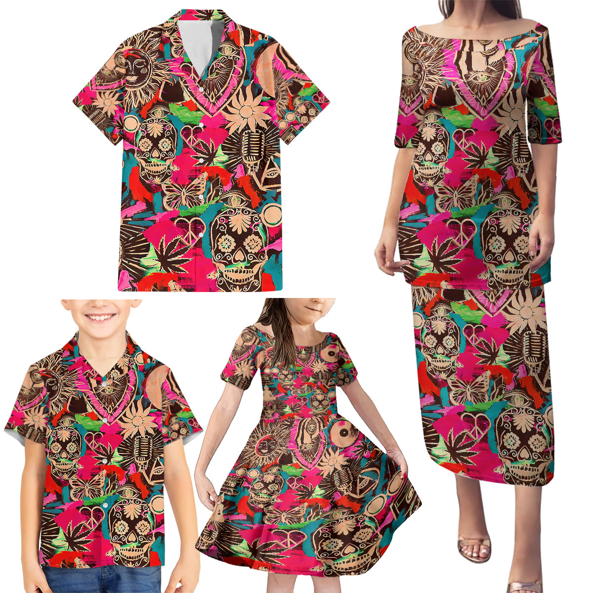Festival Memories Skull Family Matching Puletasi Dress and Hawaiian Shirt - Wonder Print Shop