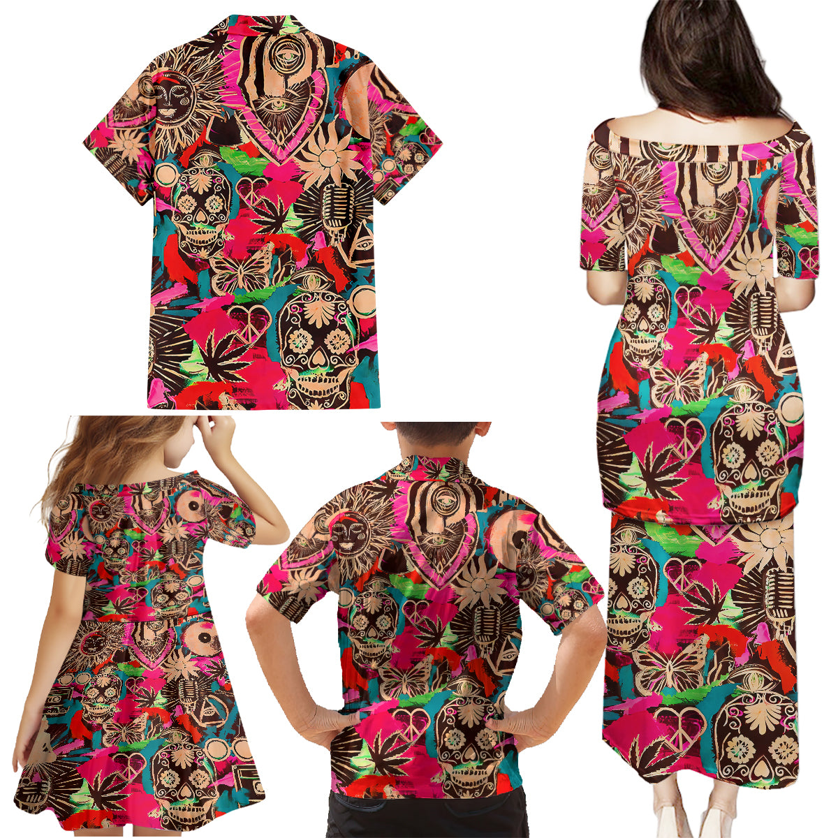 Festival Memories Skull Family Matching Puletasi Dress and Hawaiian Shirt - Wonder Print Shop