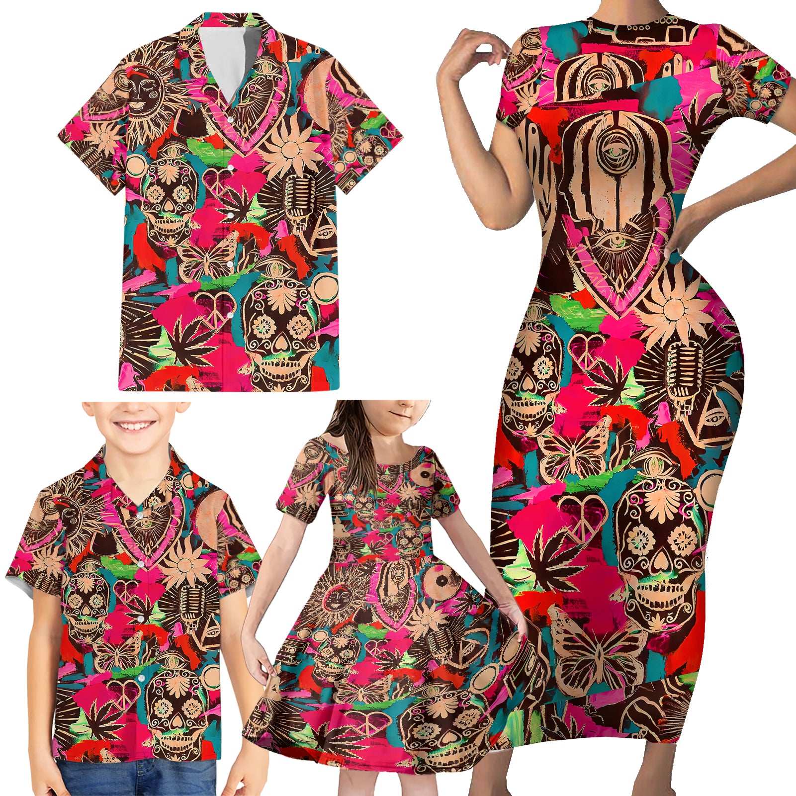 Festival Memories Skull Family Matching Short Sleeve Bodycon Dress and Hawaiian Shirt - Wonder Print Shop