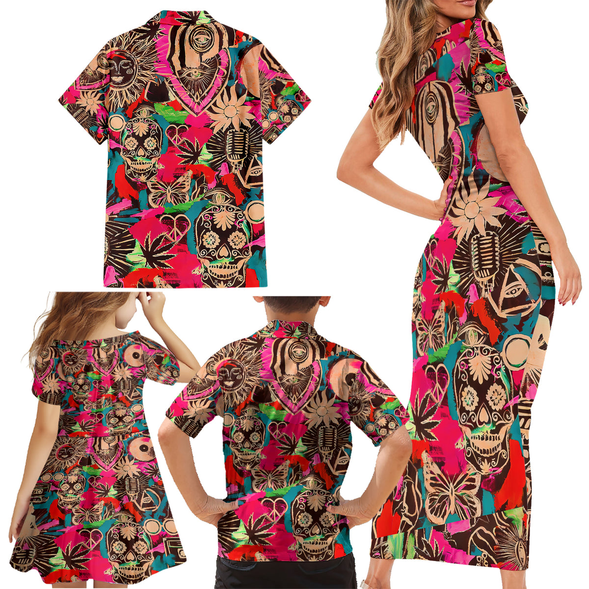 Festival Memories Skull Family Matching Short Sleeve Bodycon Dress and Hawaiian Shirt - Wonder Print Shop