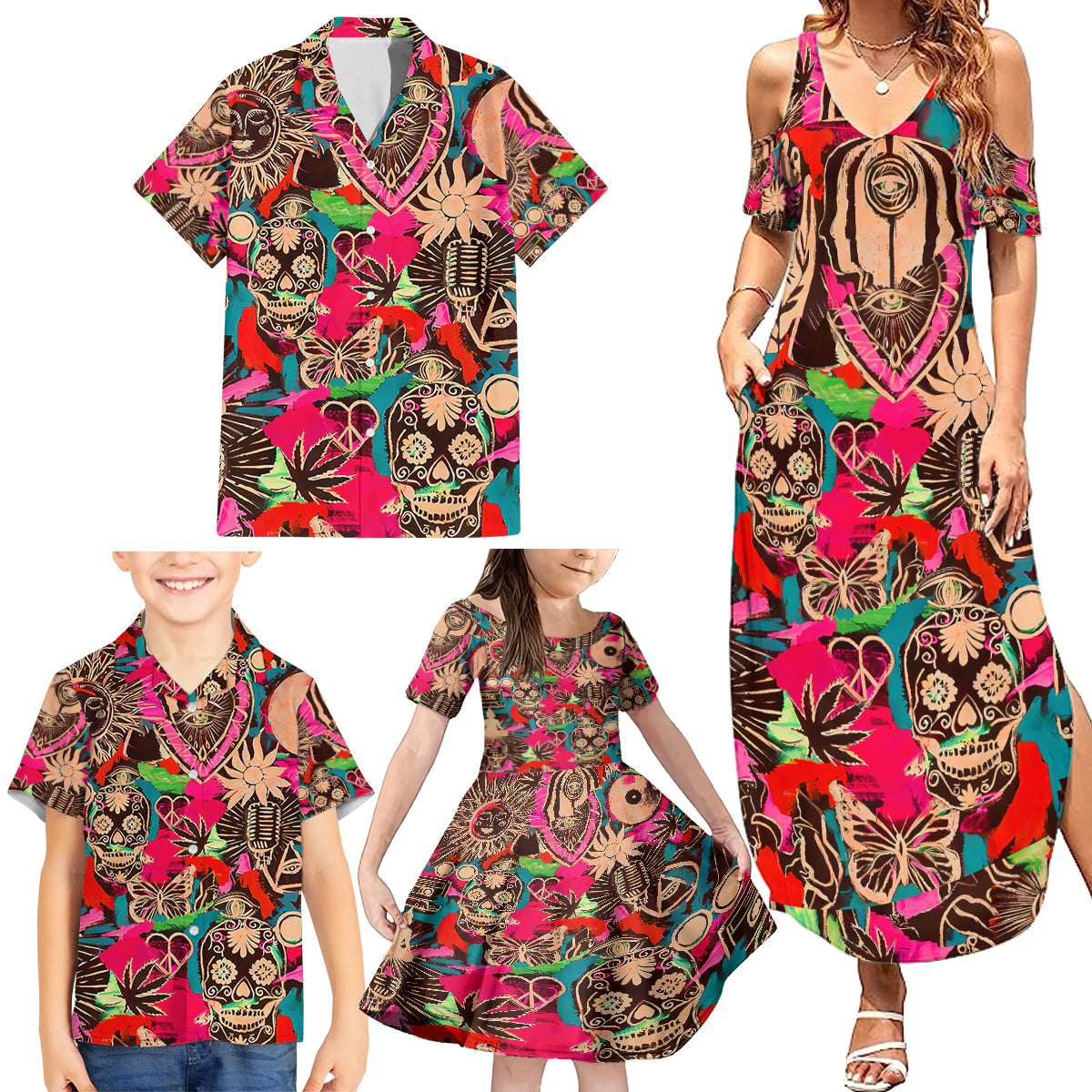 Festival Memories Skull Family Matching Summer Maxi Dress and Hawaiian Shirt - Wonder Print Shop