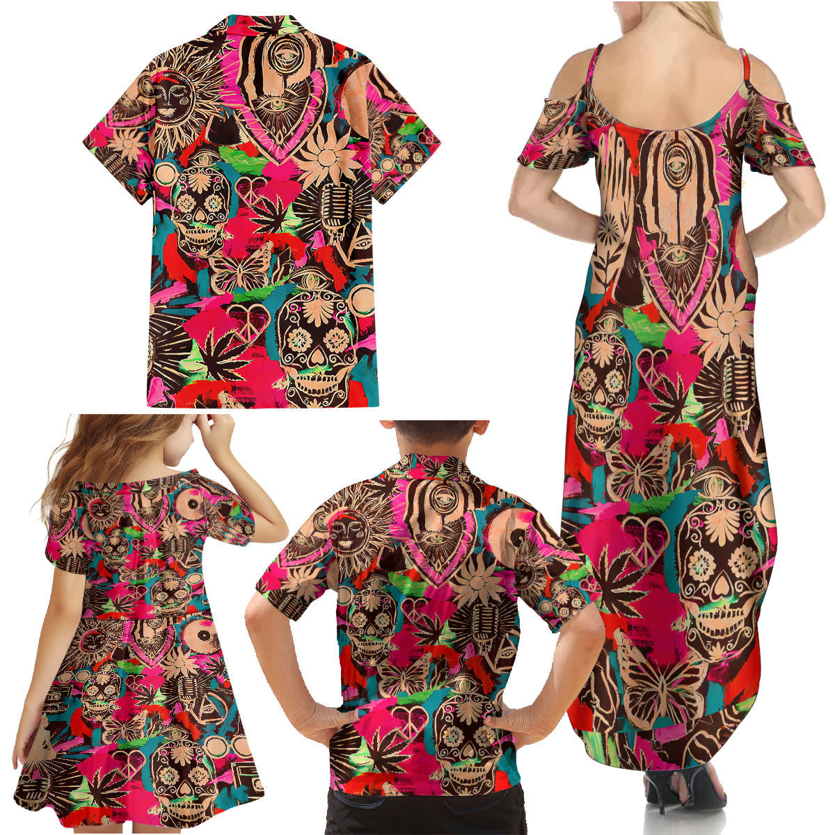 Festival Memories Skull Family Matching Summer Maxi Dress and Hawaiian Shirt - Wonder Print Shop