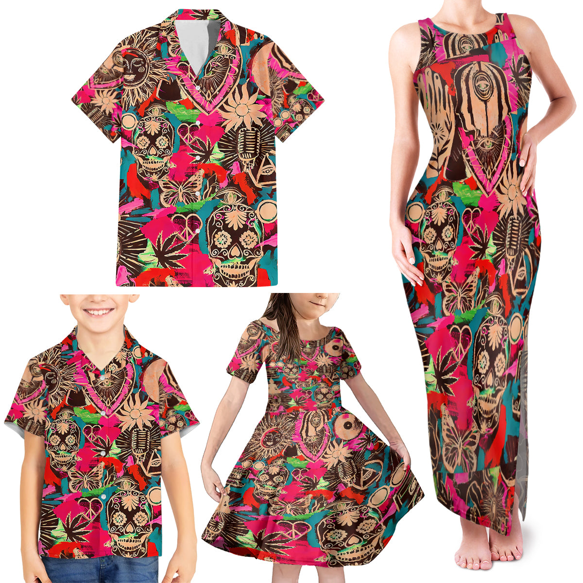 Festival Memories Skull Family Matching Tank Maxi Dress and Hawaiian Shirt - Wonder Print Shop