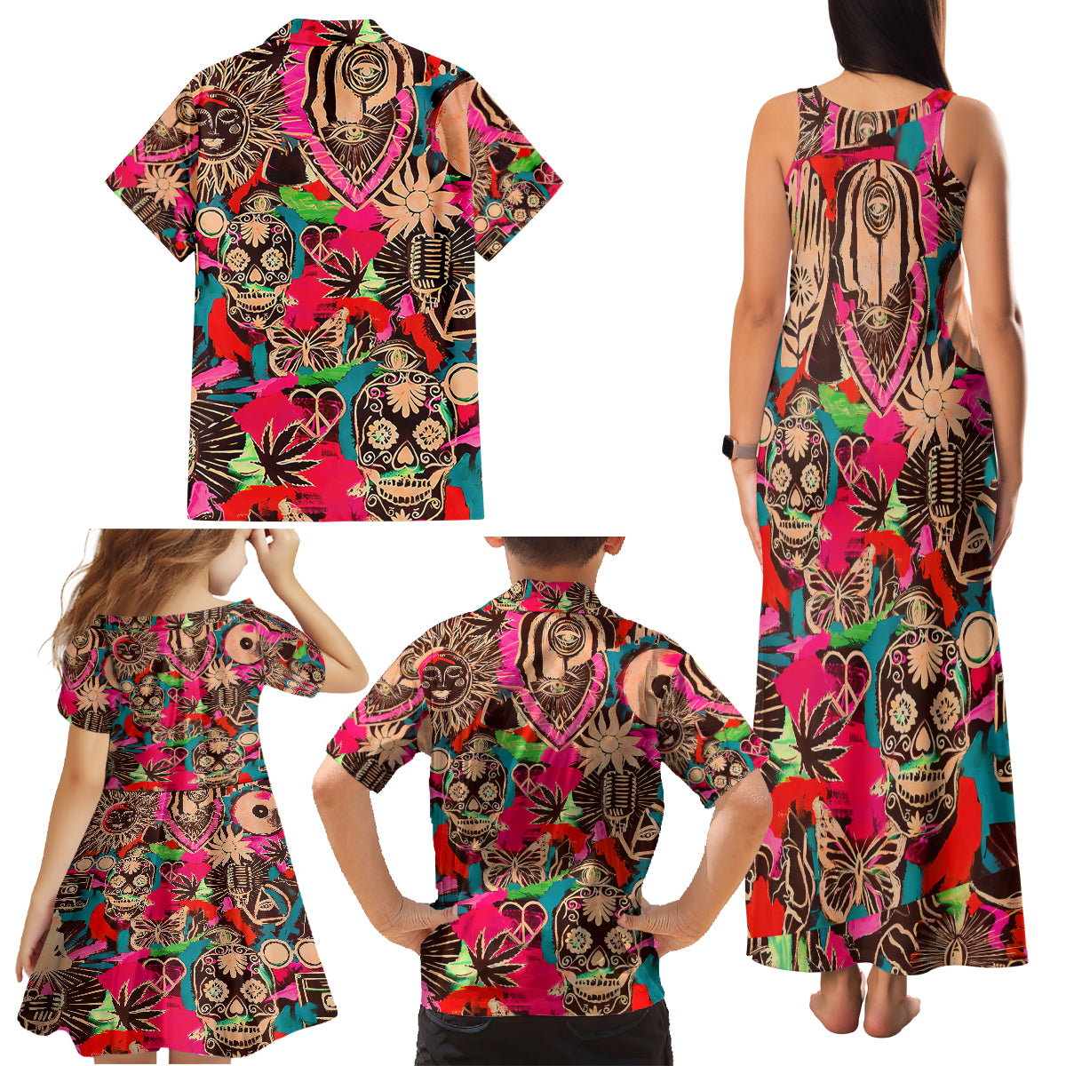 Festival Memories Skull Family Matching Tank Maxi Dress and Hawaiian Shirt - Wonder Print Shop