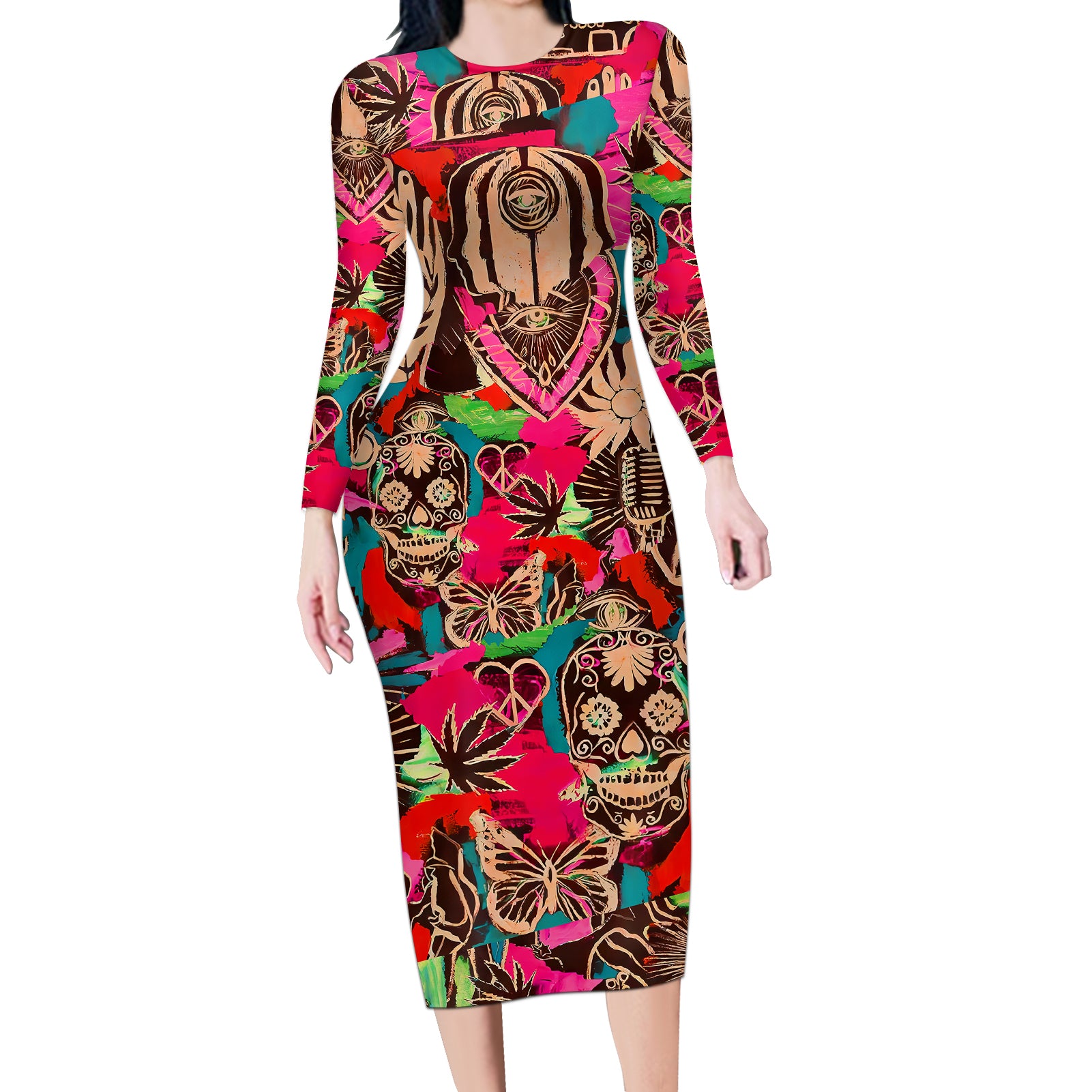 Festival Memories Skull Long Sleeve Bodycon Dress - Wonder Print Shop